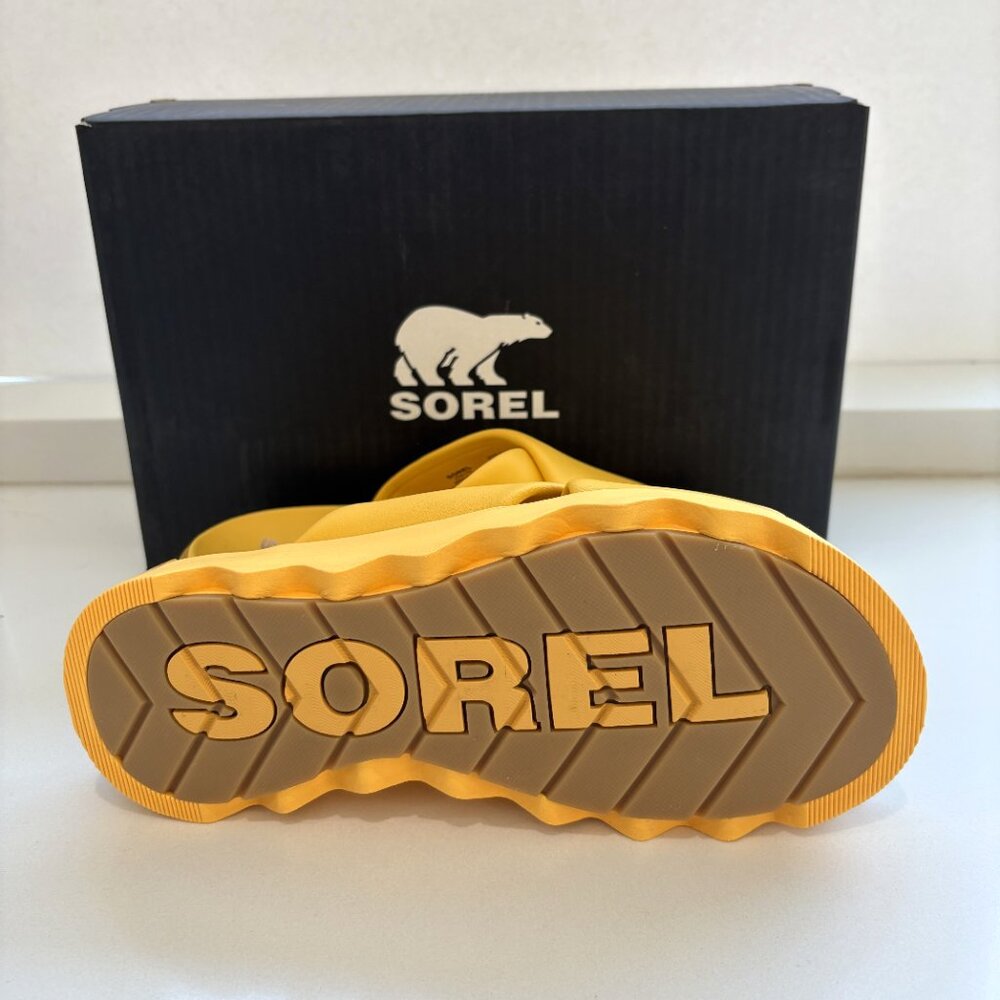 Sorel Viibe Crisscross Slide Sandals Leather Slip On Yellow Ray Sizes 9 NEW - Picture 6 of 7